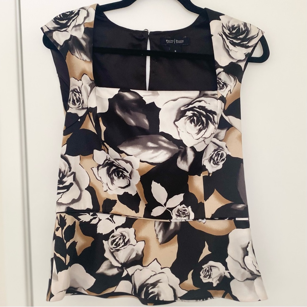White House Black Market Black Tan Grey White Satin Charmeuse Top